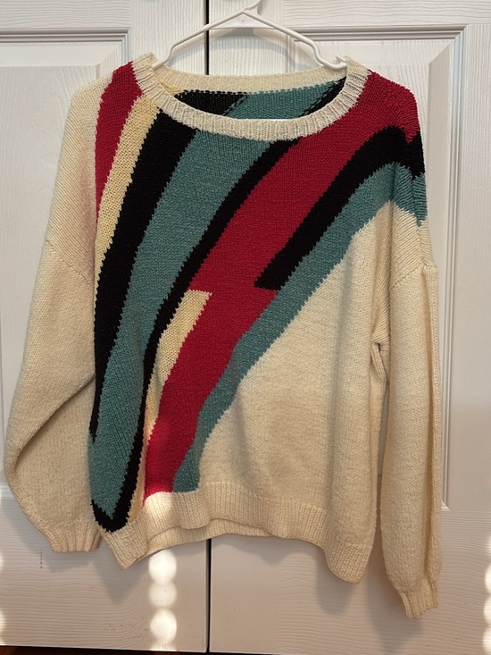 Sweaters - Hand Knit Vintage Cream Abstract Stripe Sweater - Women's Cozy Crewneck